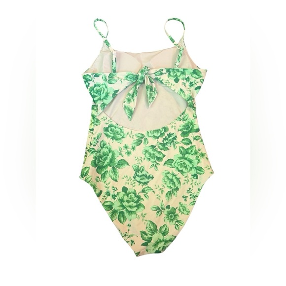 Aerie 1 Piece Swimsuit green cream floral Botanical coquette retro Small Long - Picture 2 of 5